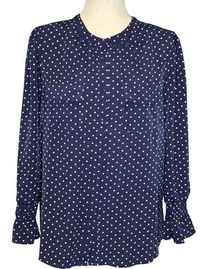 Notations Navy and White Polka Dot Button-Front Blouse